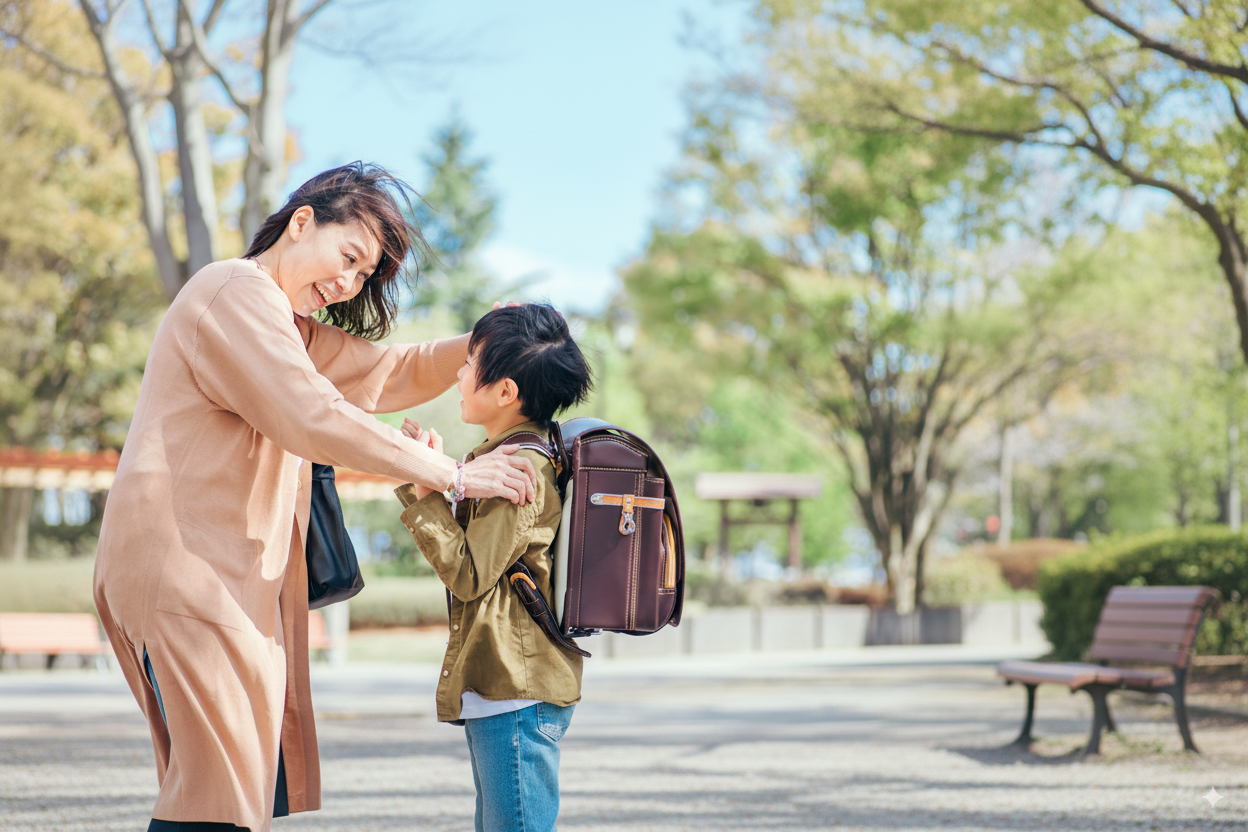 下校してきた子を笑顔で出迎える母親